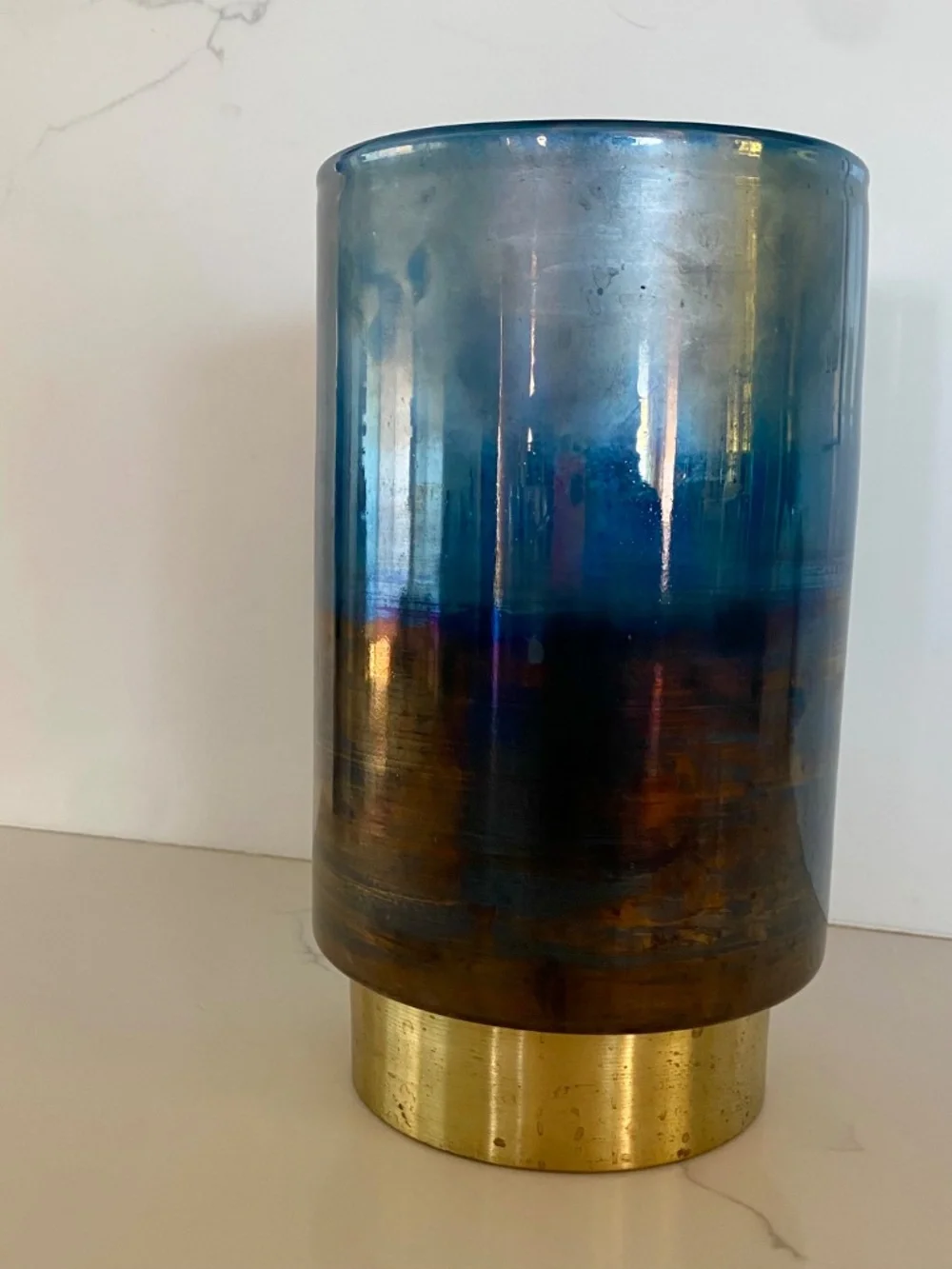 Anthropologie gold + navy vase / candle holder
